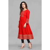 Viscose rayon foil printed red knee-length kurti for casual wear on hanger