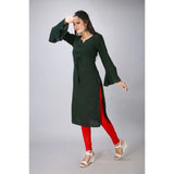 Dark green viscose rayon printed kurti for women's casual occasions - round neck, full sleeves
