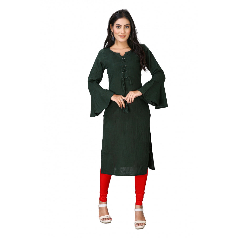 Dark green viscose rayon printed knee-length casual kurti for women, round neck with full sleeves