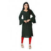 Dark green viscose rayon printed knee-length casual kurti for women, round neck with full sleeves