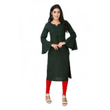 Dark green viscose rayon printed knee-length casual kurti for women, round neck with full sleeves
