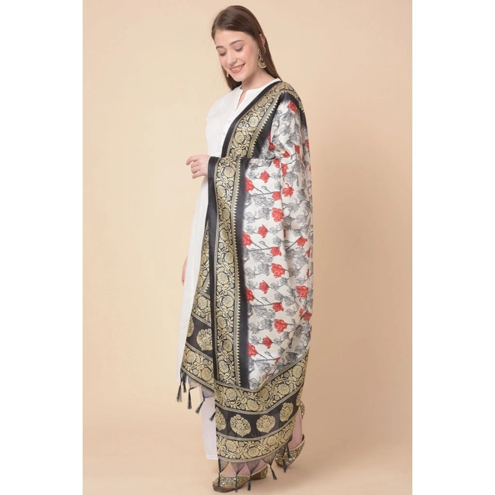 Art silk printed black dupatta for casual occasions, length varies between 2.25m - 2.50m