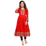 Red viscose rayon foil printed knee-length kurti with round neck and 3/4 sleeves