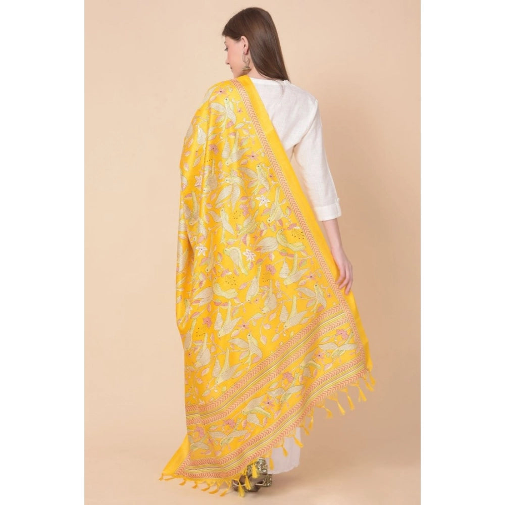 Art silk yellow printed dupatta for women, length 2.25-2.50 mtr, suitable for casual occasions