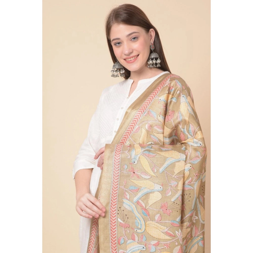Light brown art silk printed dupatta for casual occasions, length 2.25-2.50mtr