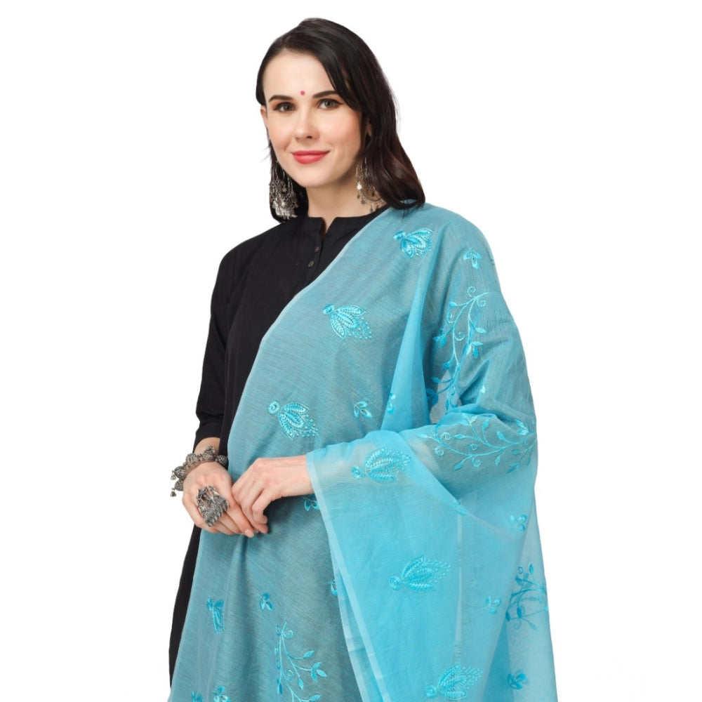 Aqua blue cotton embroidered dupatta for festive occasions, 2.25-2.50m length