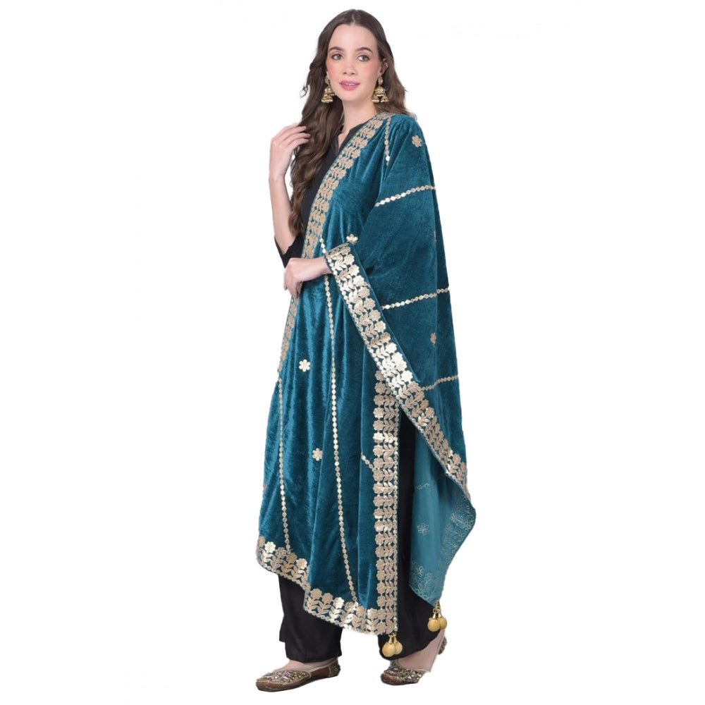Teal velvet Gotta Patti dupatta for women's festive wear, length 2.25-2.50mtrs