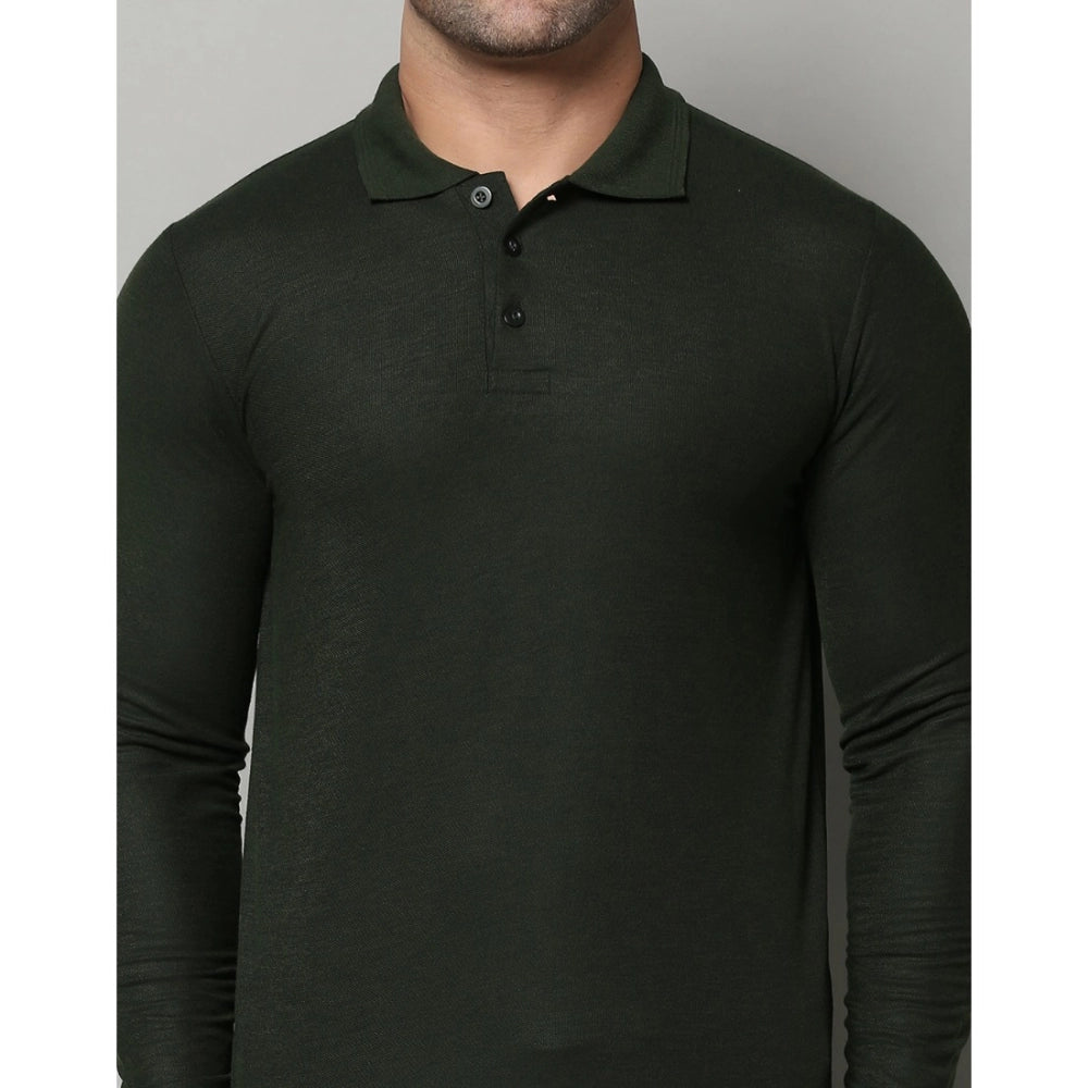 B.Green cotton-blend men's casual full sleeve polo neck t-shirt, solid design with regular fit