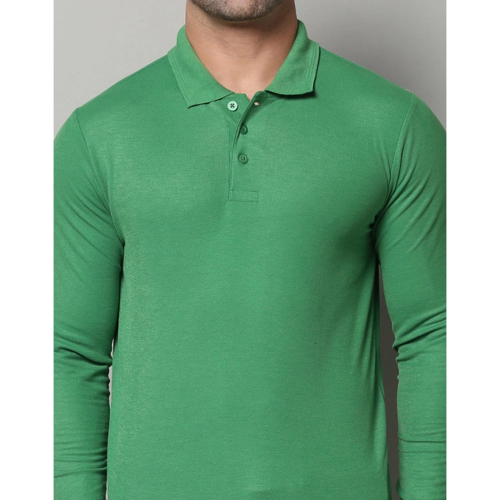 PGreen cotton-blend men's casual polo neck t-shirt, solid pattern, full sleeve