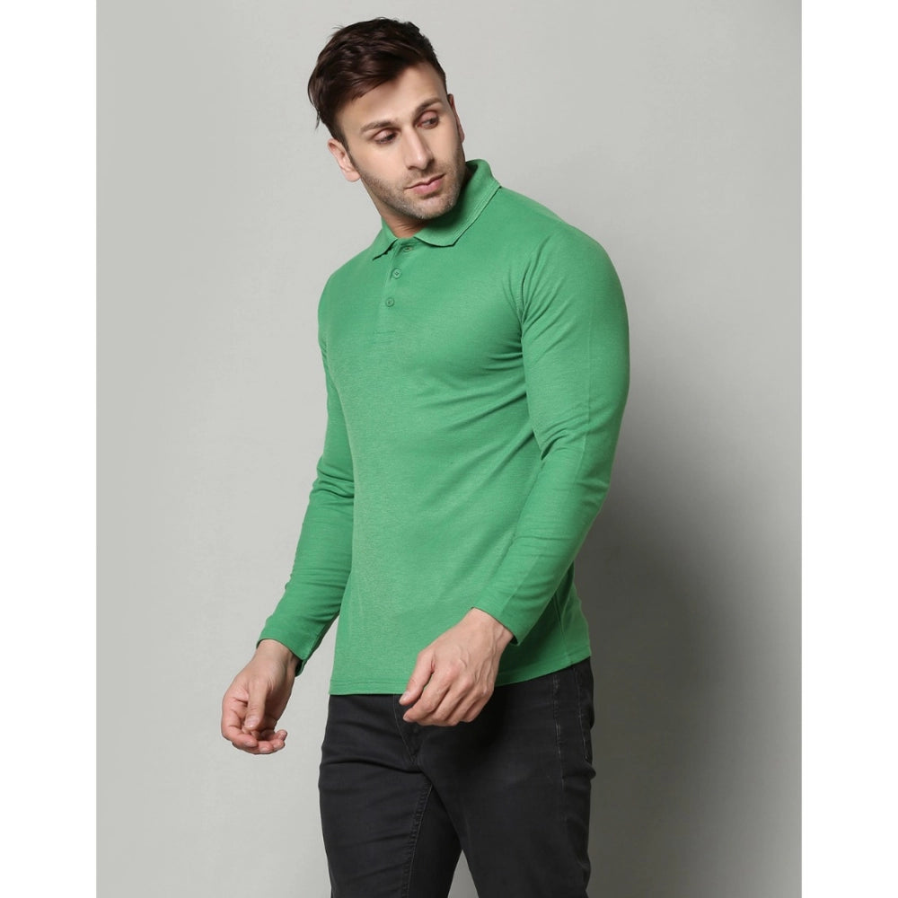 PGreen cotton blended men's casual polo neck t-shirt, solid pattern with full sleeves