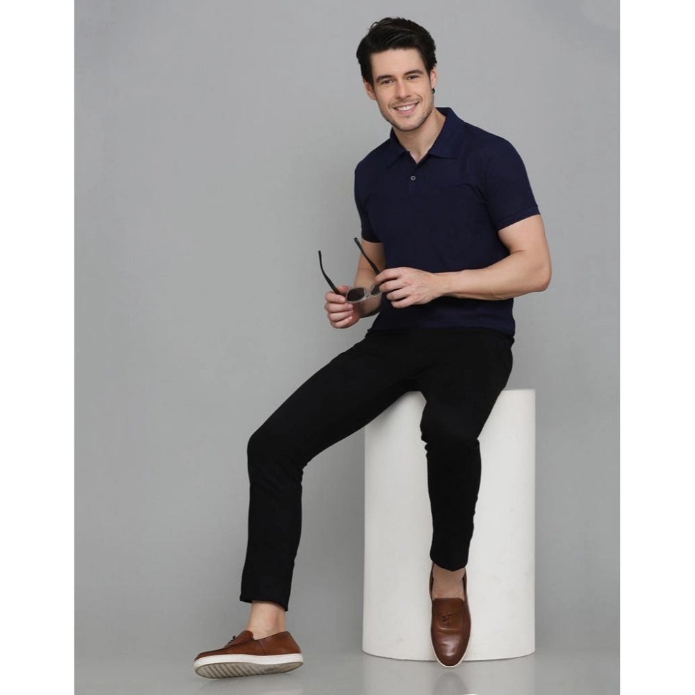 Navy blue cotton-blended polo neck t-shirt for men - solid pattern, half sleeve, regular fit