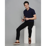 Navy blue cotton-blended polo neck t-shirt for men - solid pattern, half sleeve, regular fit