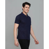 Navy Blue cotton-blended men's casual half sleeve solid polo neck t-shirt on hanger