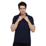 Navy Blue Cotton Blend Solid Half Sleeve Polo T-shirt for men