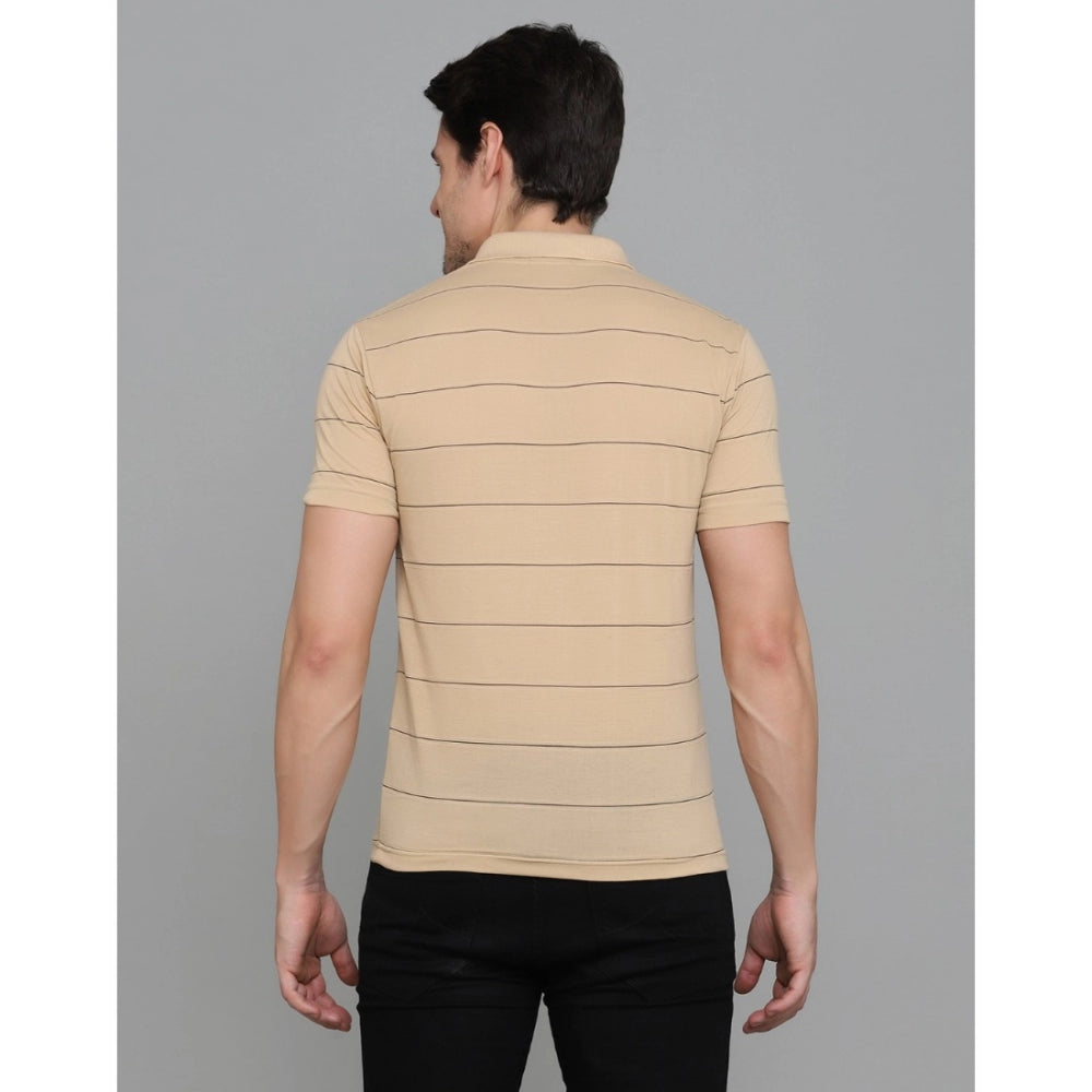 Mens casual half sleeve striped cotton-blend polo neck t-shirt L.Beige, regular fit, striped pattern