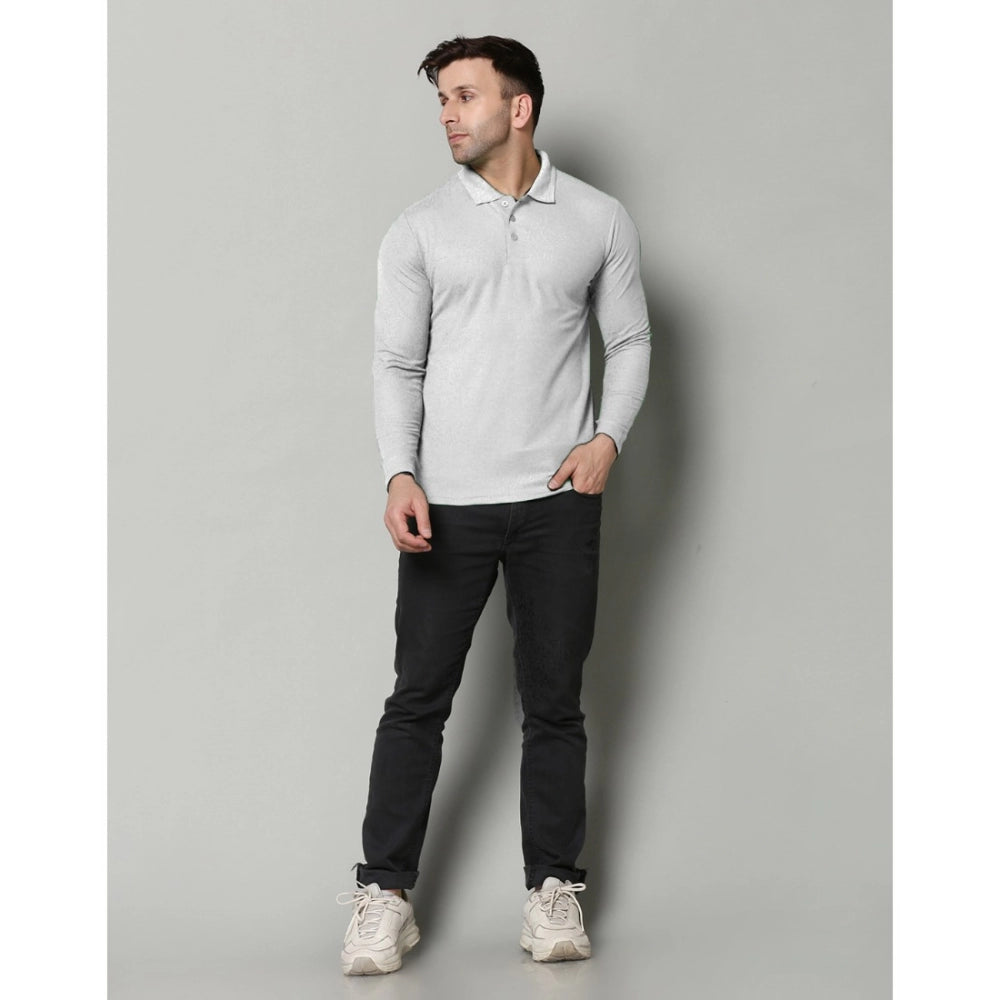 L. Grey cotton blended polo neck t-shirt for men, solid colour, full sleeve