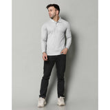 L. Grey cotton blended polo neck t-shirt for men, solid colour, full sleeve