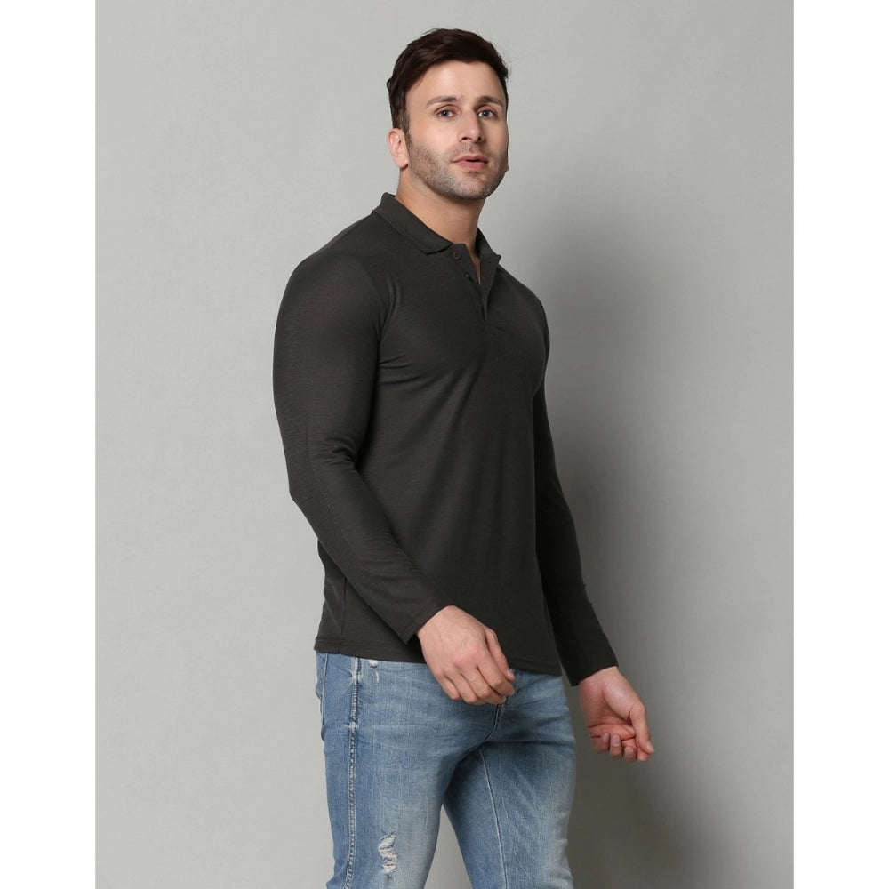 DGrey cotton blended polo neck t-shirt for men - solid pattern, regular fit, casual full sleeve style