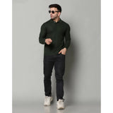 BGreen cotton-blend men's casual polo neck t-shirt, solid pattern with full sleeves