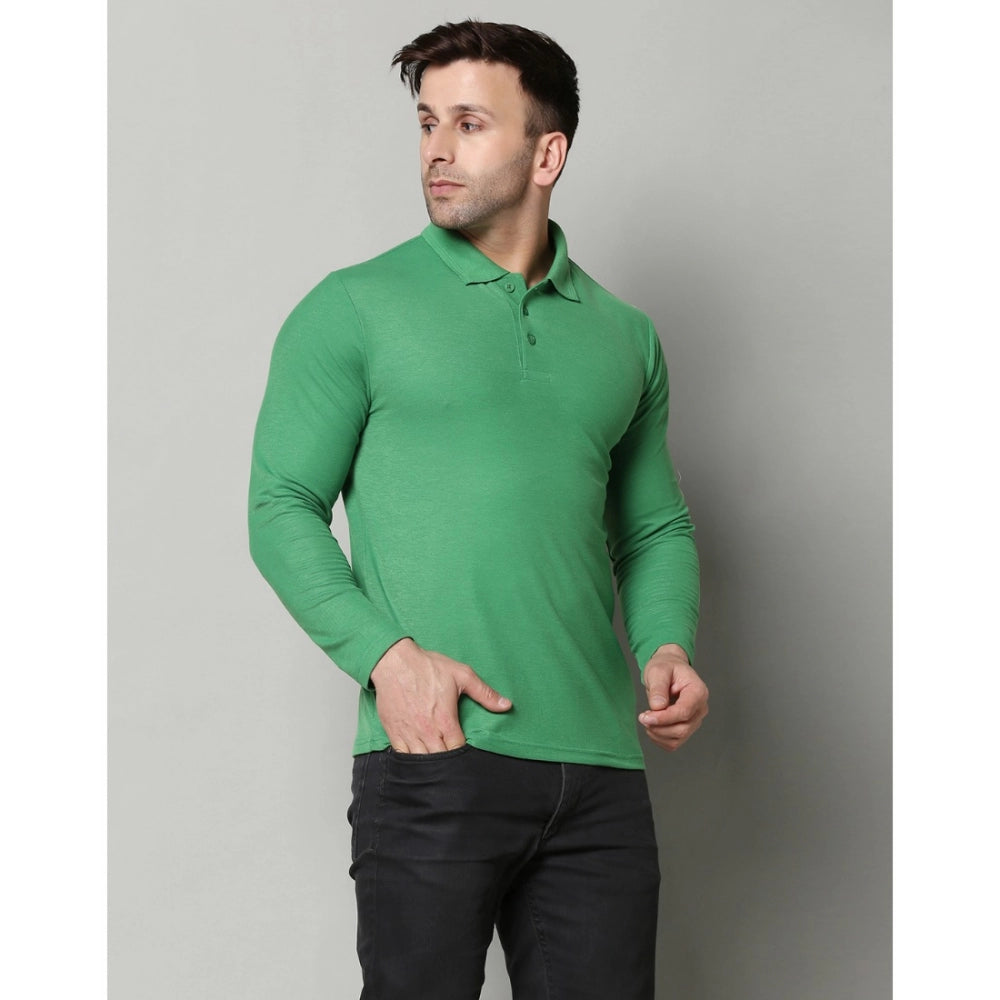 PGreen cotton blended men's casual polo neck T-shirt with regular fit, solid pattern, and full sleeves
