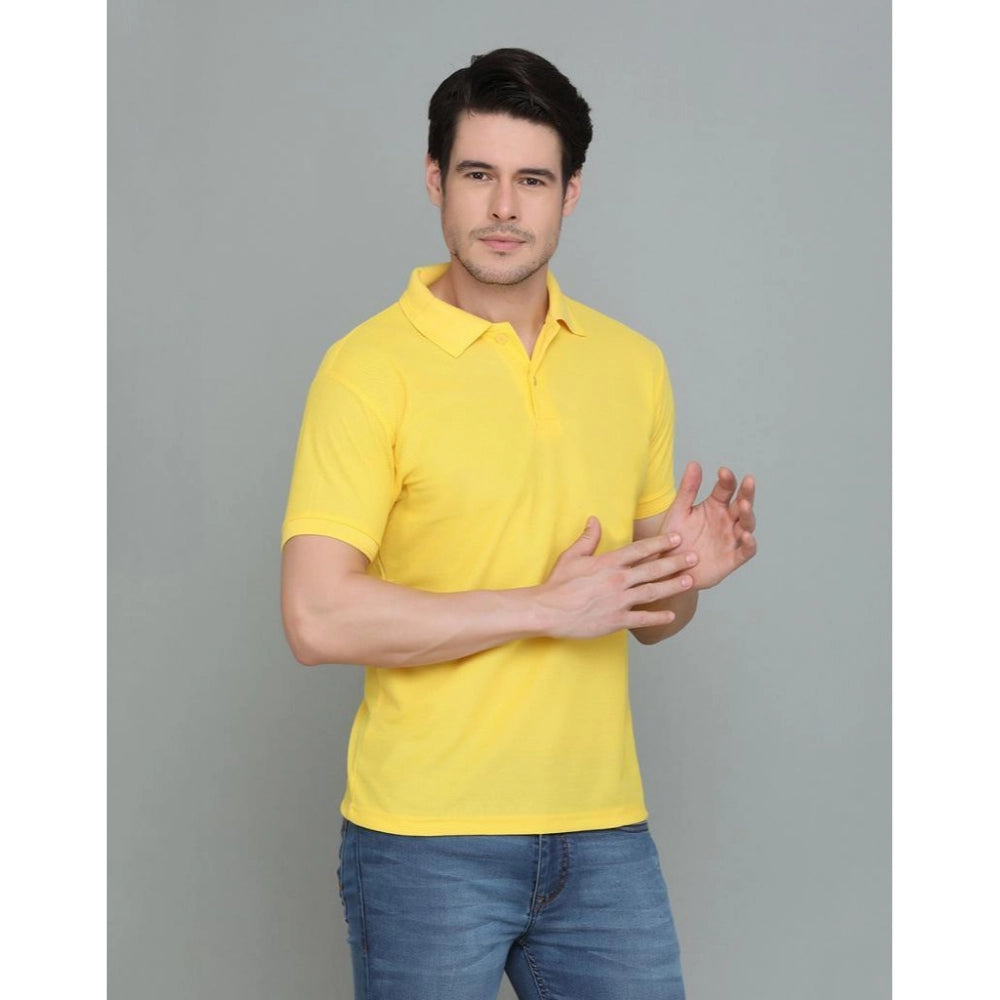 Yellow cotton blended polo neck t-shirt for men, solid pattern, half sleeve, regular fit