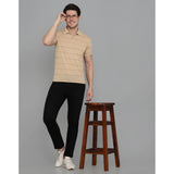 Men's casual half-sleeve striped cotton blended polo neck t-shirt in L.Beige - Regular fit, striped pattern