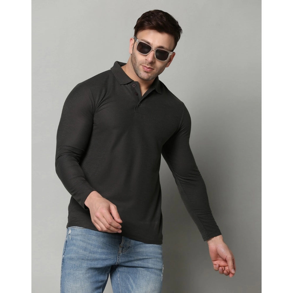 DGrey cotton-blend polo neck t-shirt for men, solid pattern with full sleeves