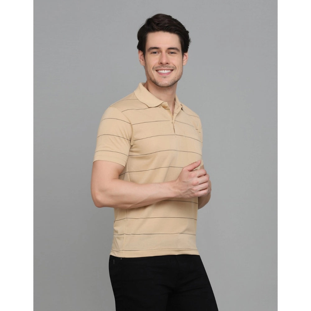 Mens casual half-sleeve striped cotton blended polo neck t-shirt, L.Beige color in regular fit with polo neck and half sleeve style