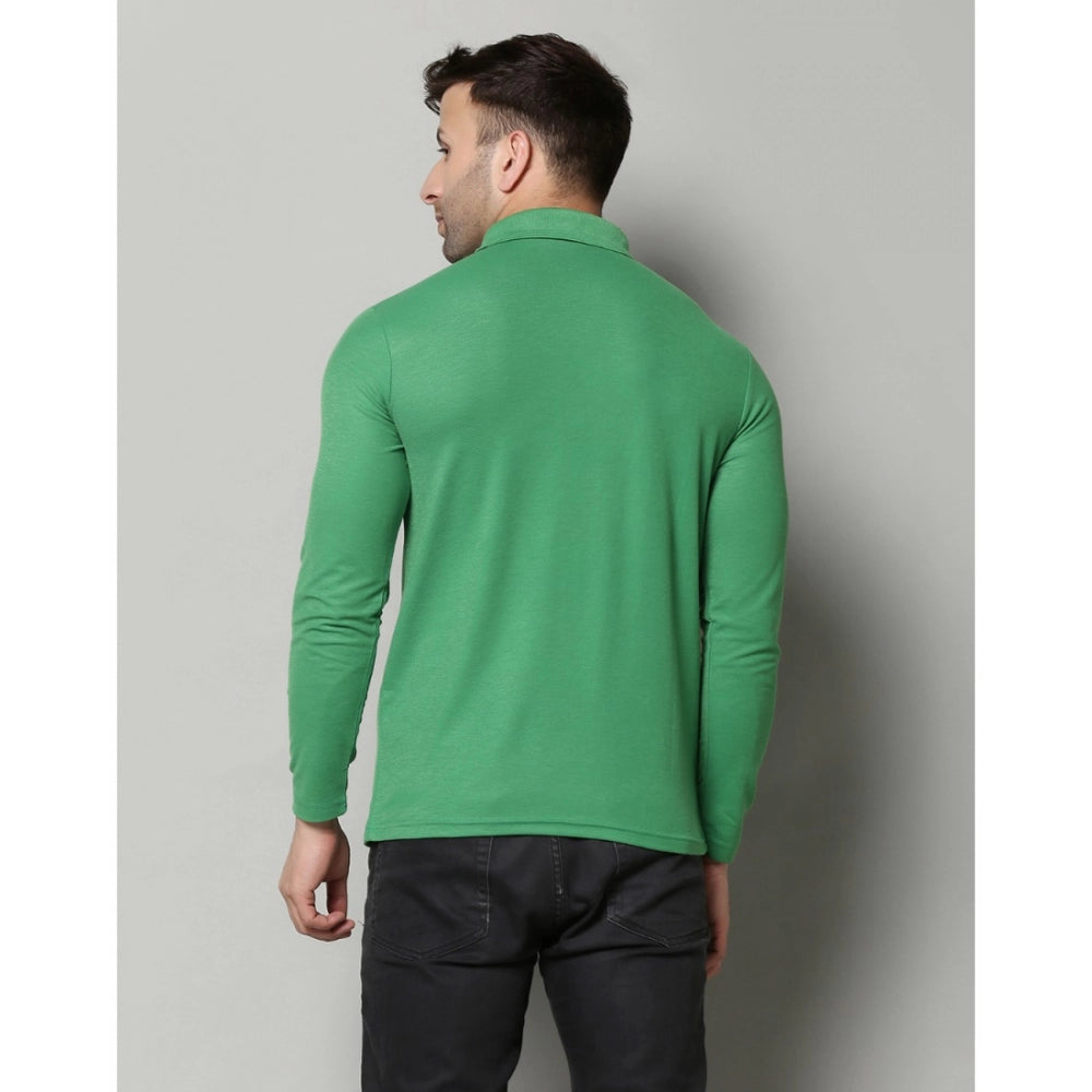 Men's Casual Full Sleeve PGreen Cotton-Blend Polo Neck T-shirt, solid pattern, regular fit