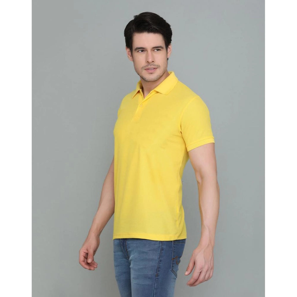 Yellow cotton blended men's casual half sleeve polo neck T-shirt, solid pattern with regular fit