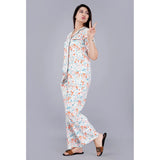 White viscose rayon printed half-sleeve shirt with pyjama pant night suit set, notch collar style on model