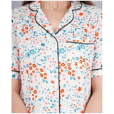 White viscose rayon printed half-sleeve shirt with pyjama pant night suit set, notch collar style