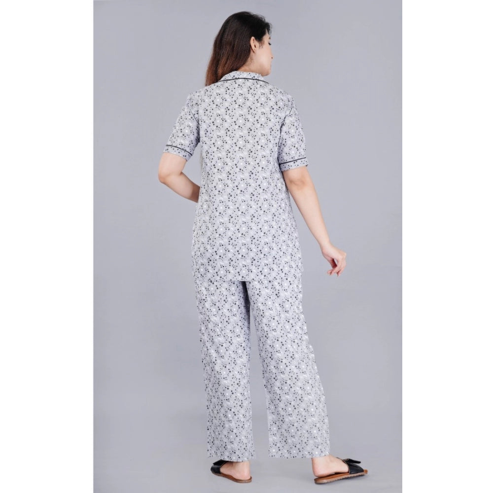 Grey Viscose Rayon printed half-sleeve shirt with pyjama pant night suit set, notch collar style on woman