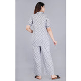 Grey Viscose Rayon printed half-sleeve shirt with pyjama pant night suit set, notch collar style on woman