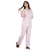 Pink viscose rayon shirt set with pyjama pants, printed half-sleeve nightsuit for women