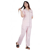 Pink viscose rayon shirt with pyjama pant night suit set, printed, half sleeve, notch collar for women