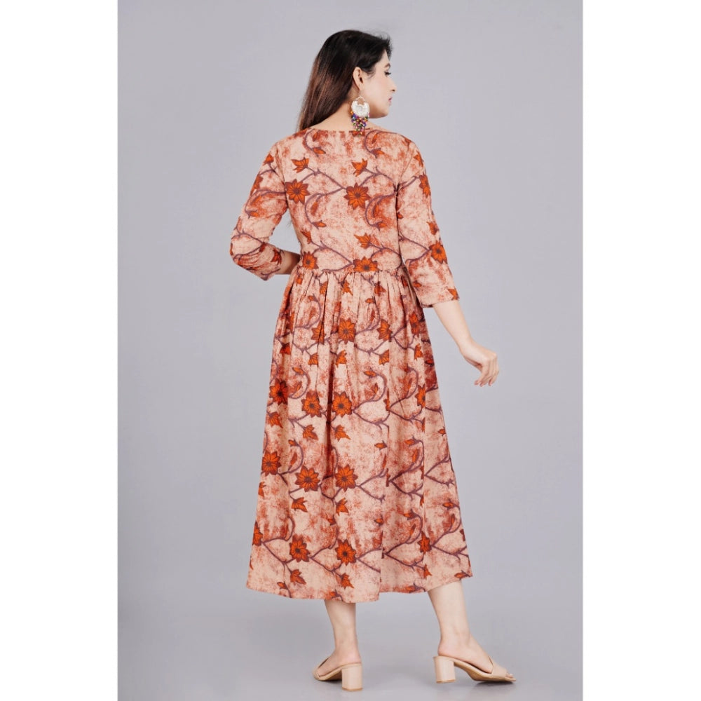 Brown floral print viscose maternity feeding kurti with round neck and 3/4 sleeves