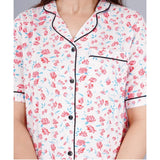 Baby Pink Viscose Rayon Printed Casual Half-Sleeve Shirt & Pyjama Pant Night Suit Set, notch collar with half sleeves