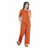 Brown viscose rayon printed half-sleeve shirt and pyjama pant night suit set, casual and comfortable homewear for women