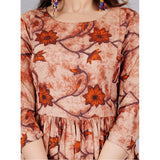 Brown floral print viscose maternity feeding kurti with round neck and 3/4 sleeves