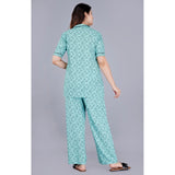 Green viscose rayon printed half-sleeve shirt with pyjama pant night suit set on hanger