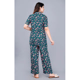 Teal viscose rayon printed half sleeve shirt with pyjama pant night suit set, casual women's sleepwear on display