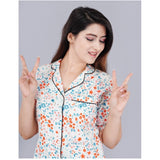 White viscose rayon casual shirt set with printed pyjama pants, half sleeve with notch collar