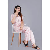 Pink viscose rayon casual shirt & pyjama pant night suit set with printed pattern & notch collar