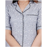 Grey Viscose Rayon women's half sleeve printed shirt with pyjama pant night suit set, notch collar and half sleeve length