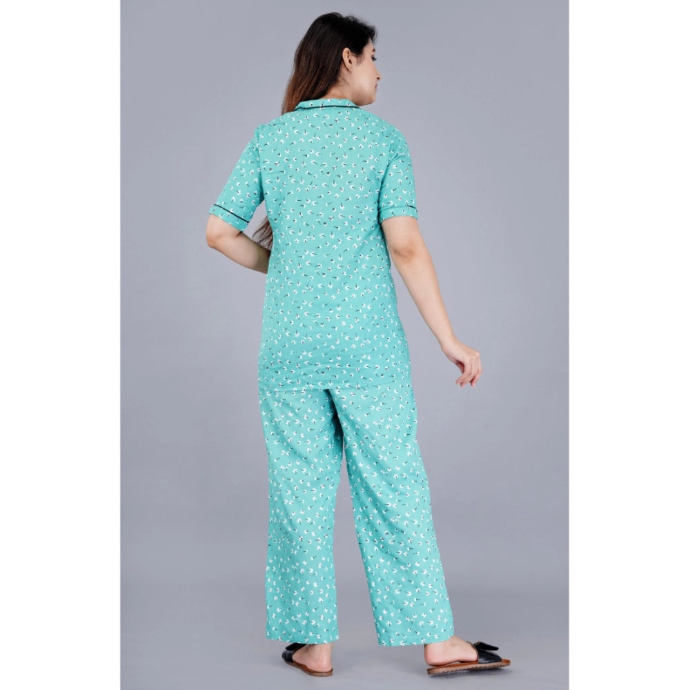 Green Viscose Rayon Printed Half-Sleeve Shirt with Pyjama Pant Night Suit Set - Women's Casual Sleepwear on hanger