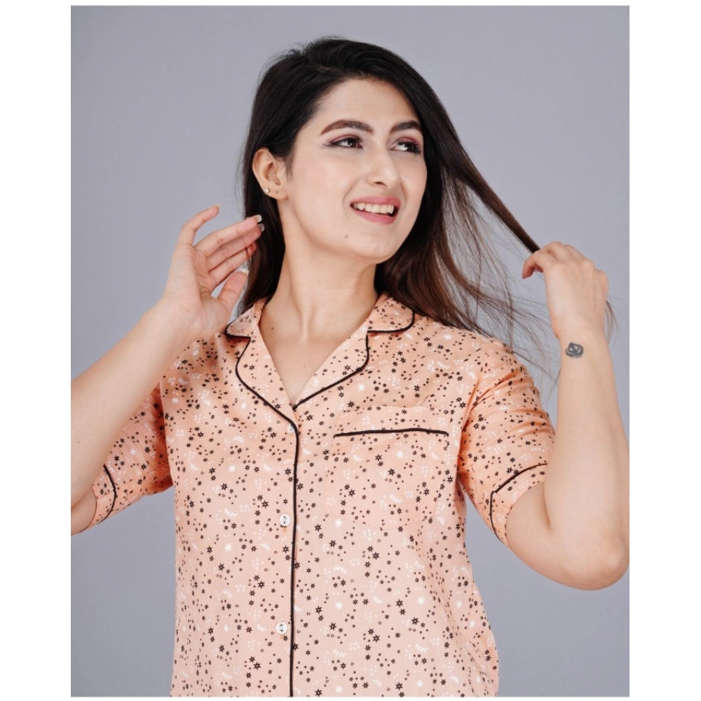 Peach viscose rayon women's casual half sleeve printed shirt with pyjama pant night suit set, notch collar and half sleeves