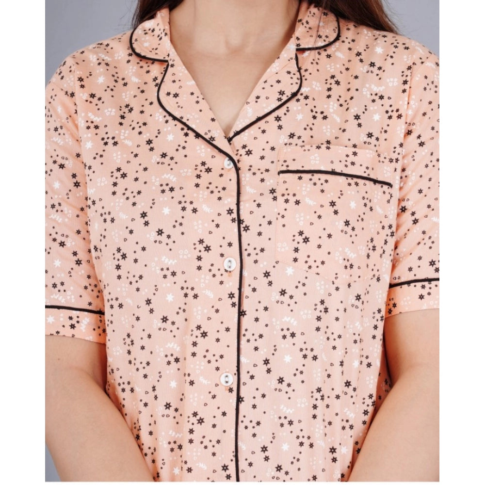 Peach viscose rayon printed half-sleeve shirt with pyjama pant night suit set - women's casual lounge wear on model