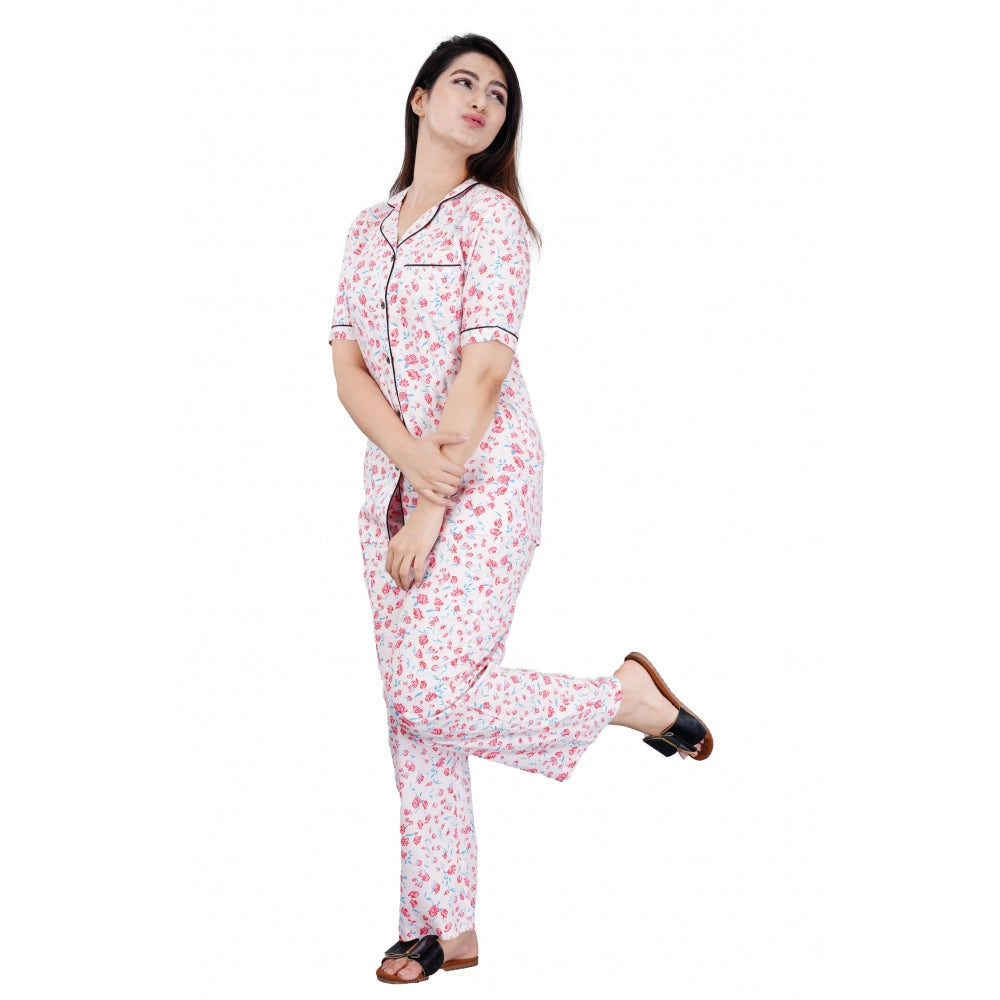 Baby Pink Viscose Rayon shirt set with pyjama pants for women's casual nightwear, printed design with notch collar and half sleeves