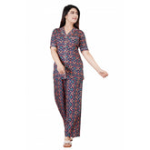 Blue Viscose Rayon Printed Half-Sleeve Shirt & Pyjama Pant Night Suit Set on model